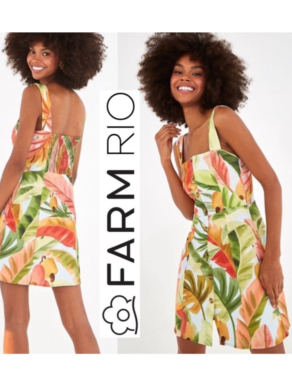 Farm Rio Nisa Linen Mini Dress S Tropical Floral Square Neck Button Front
